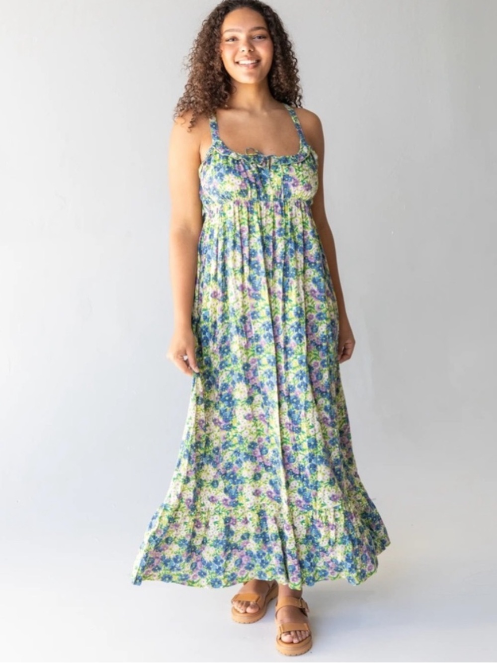 Natural Life Elizabeth Maxi Dress XS Blue Green Floral Tiered Boho Pockets